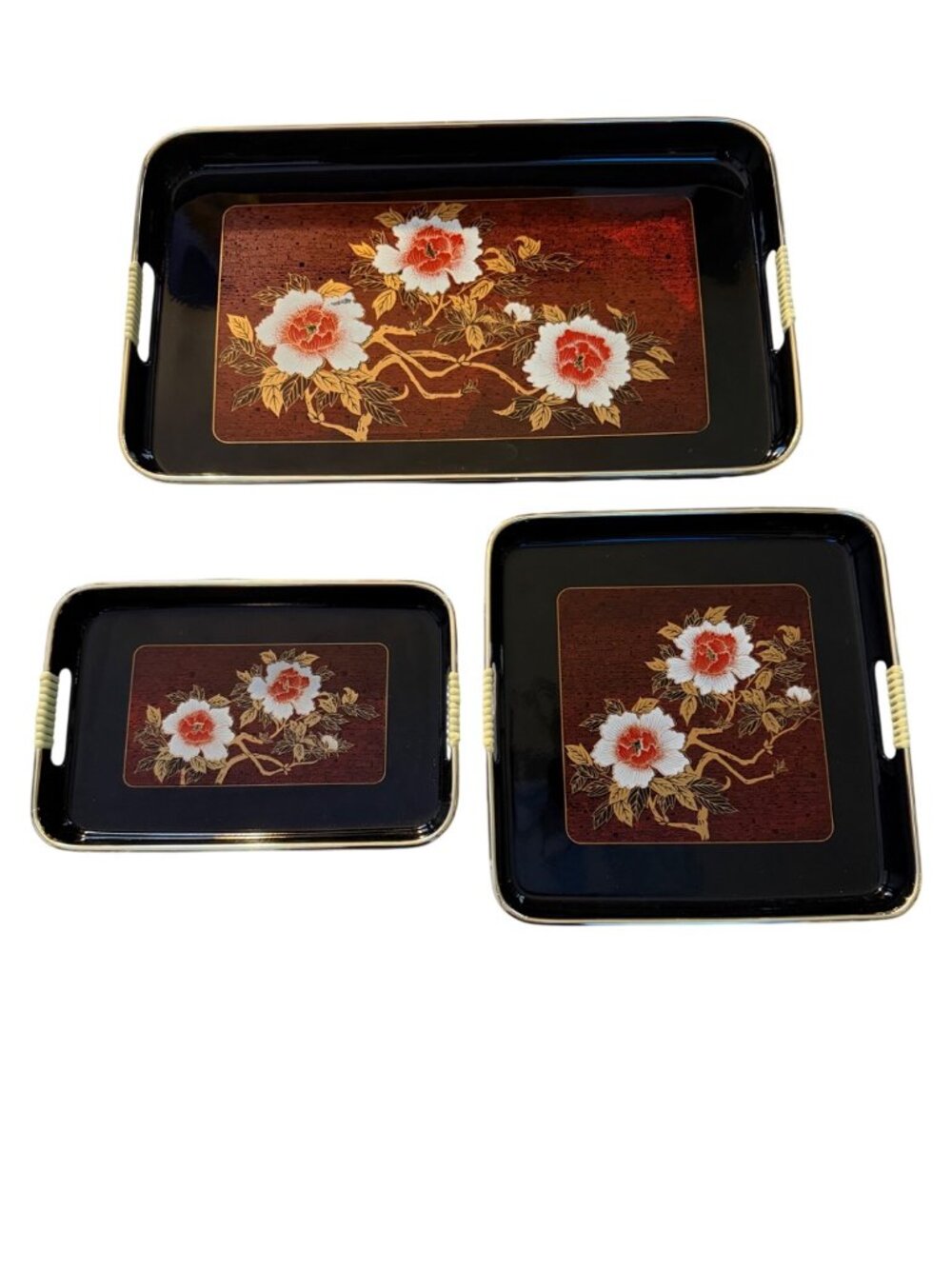 Vintage Set of 3 Made in Japan Style Floral Serving Trays Black Gold Peony Melam